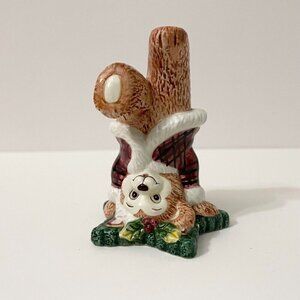 Fitz and Floyd Christmas Tumbling Bear Figurine Red Plaid Santa Suit Stars Chip